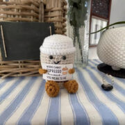 Kawaii Coffee Cup Plush Toy with Sign Handmade Crochet Toy Unique Pun Gift for Her/Him